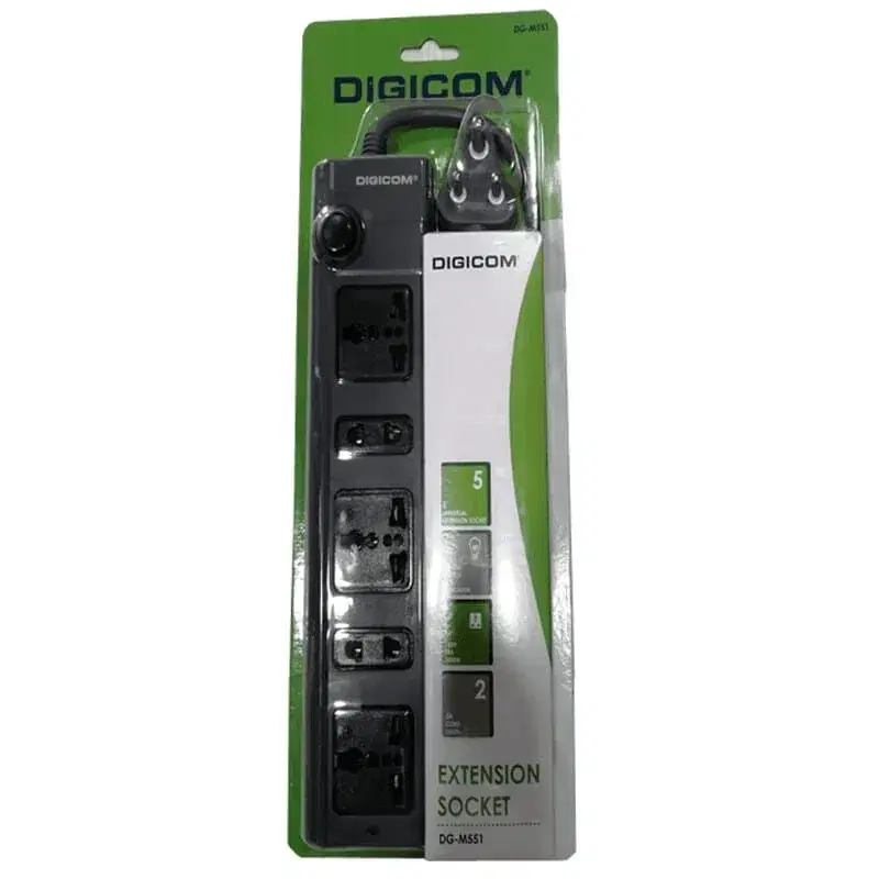 Digicom DG-M551 5-port universal extension socket in black.