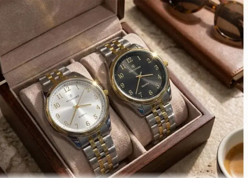 Attractive Numbering Dial Stainless Steel Two Tone Strap Quartz Moment Waterproof Casual Wrist Watch For Men