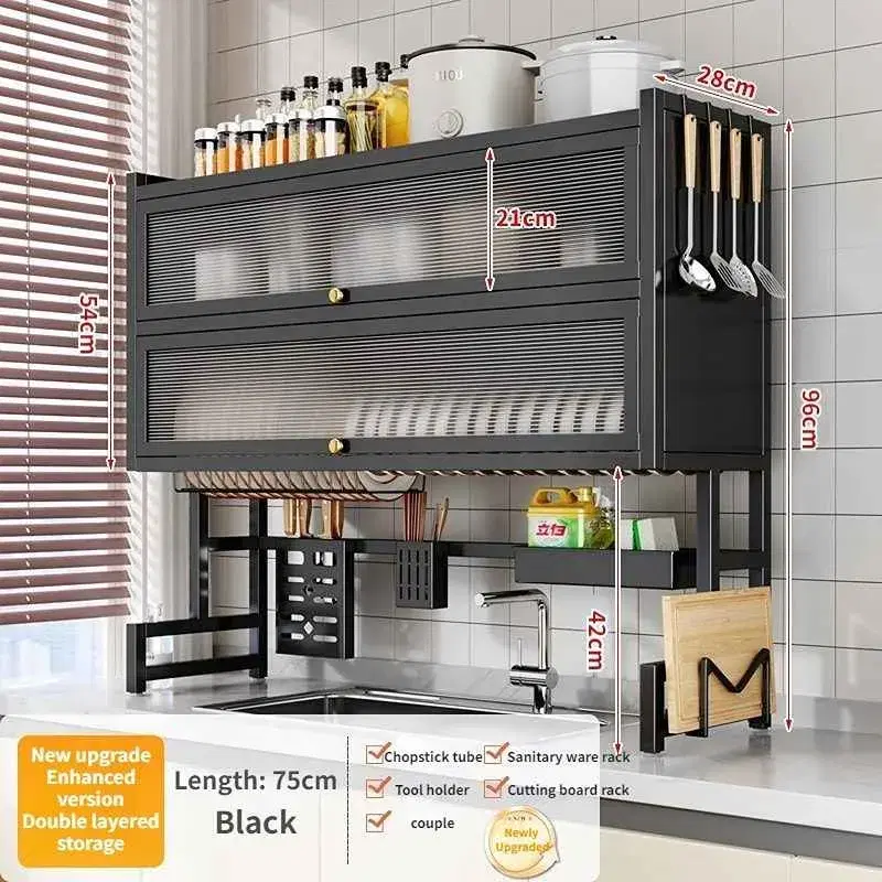 3-Tier Over The Sink Dish Drying Rack with Flip Cover Doors Multifunctional Countertop Organizer Adjustable Metal Kitchen Rack