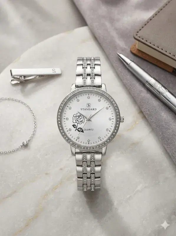 Fashionable Round Dial Stainless Steel Rose Dial Attractive Watch For Ladies
