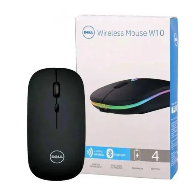 black Dell W10 rechargeable wireless mouse with RGB lighting.