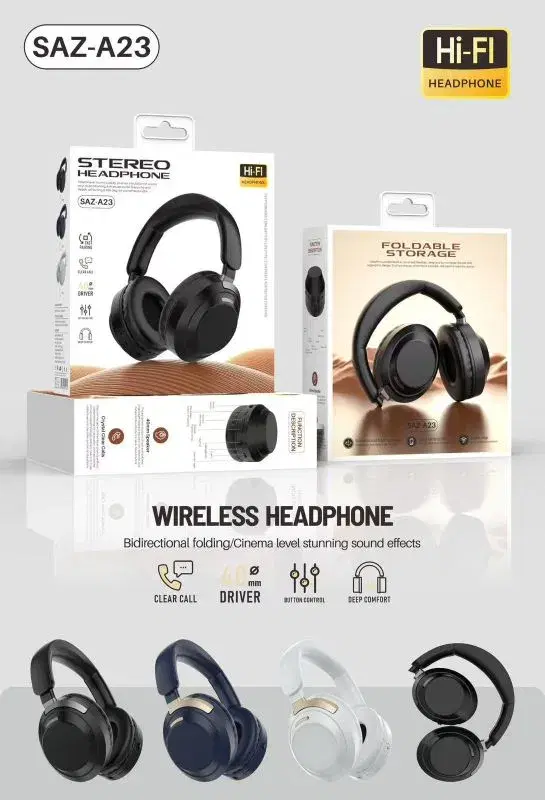 SAZ-A23 Hi-Fi Wireless Headphones are versatile, budget-friendly over-ear headsets designed for clear audio and portable storage