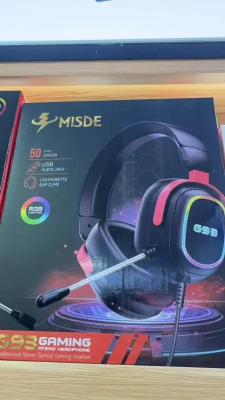 MISDE G93 Professional Gaming Headset featuring RGB lighting, 50mm drivers, and USB audio connectivity.
