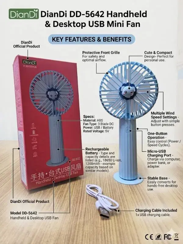 DianDi Portable Mini Rechargeable Handheld Fan - DD 5642 Desktop USB Fan with Base for Office & Travel