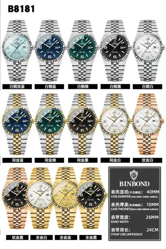 model B8181 stainless steel quartz watches featuring a textured dial, fluted bezel, and luminous calendar