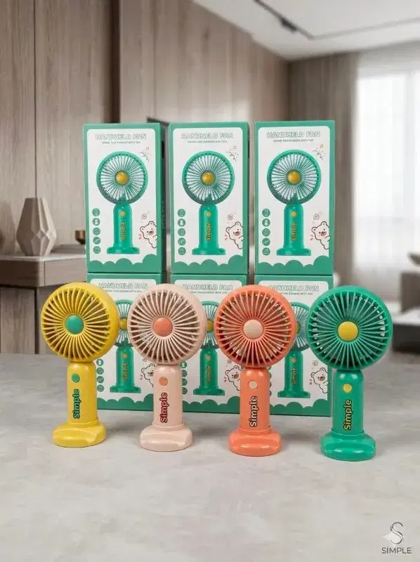 Simple brand handheld fans available in various colors like yellow, pink, orange, and green.
