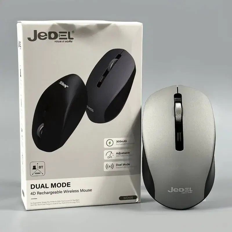 Jedel WD156 dual-mode wireless mouse with a silver finish and a 300mAh rechargeable battery.