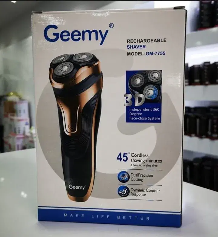 Geemy GM-7755 rechargeable electric shaver featuring a black and copper-colored design.
