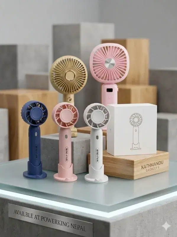 mini-fans are rechargeable, portable cooling devices featuring 3-speed settings and a phone stand base.