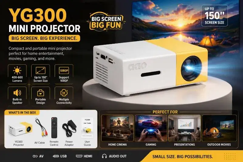 YG300 Mini Projector, a portable home theater device featuring a distinct yellow and white design.