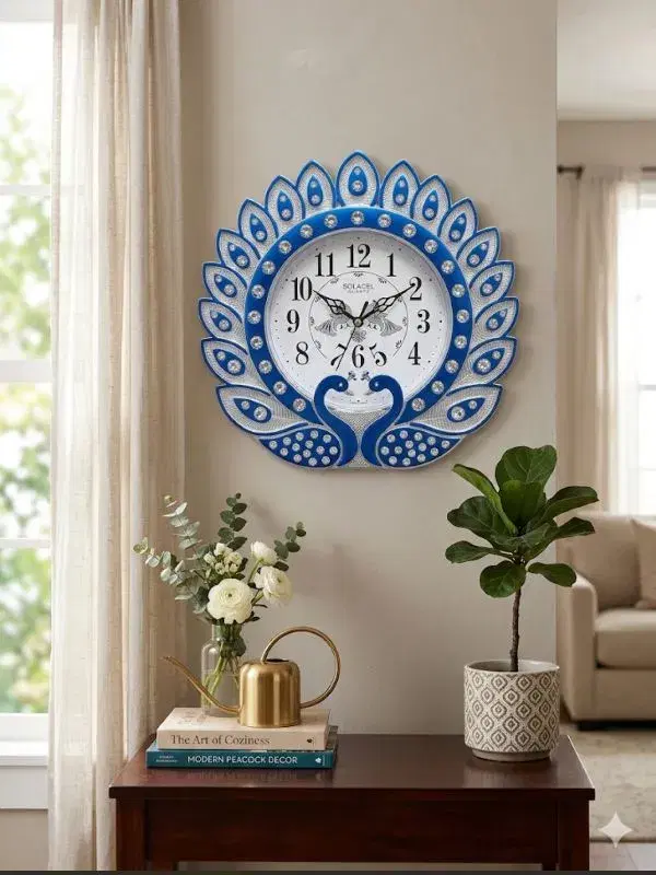 Solace Premium Peacock Wall Clock with Crystal Embellishments - Elegant Blue Decorative Analog Clock