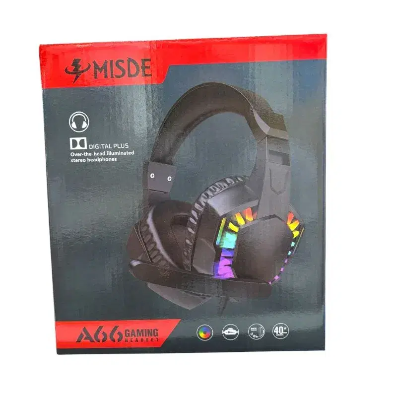 Misde A66 wired gaming headset featuring illuminated RGB lighting and a built-in microphone.