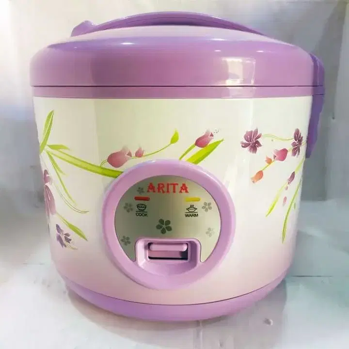 Arita electric rice cooker 2.8 litre features a floral design on a lavender and white body.