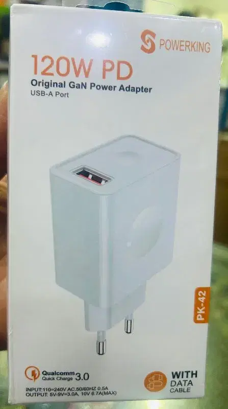 Powerking PK-42 120W PD Original GaN Fast Charger with USB-A Port & Free Data Cable