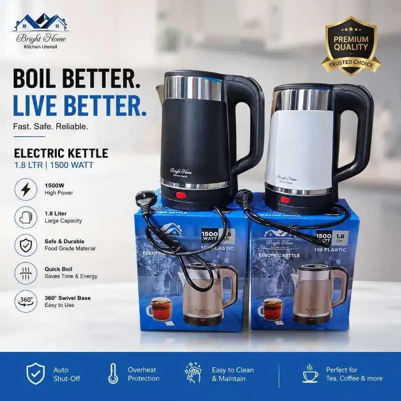 Bright Home RapidBoil Electric Kettle 1.8L | 1500W Fast Heating | Auto Shut-Off | Food Grade Stainless Steel, Electric Jug