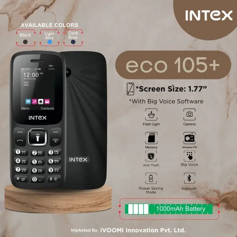 Intex Eco 105+ feature phone featuring a digital camera and wireless FM radio functionality.