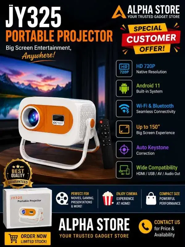 JY325 Portable Projector features a compact white design with an orange lens housing and a 180-degree rotating stand.