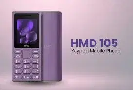 HMD 105 4G feature phone packaged in a purple box ||1 Year Warranty.