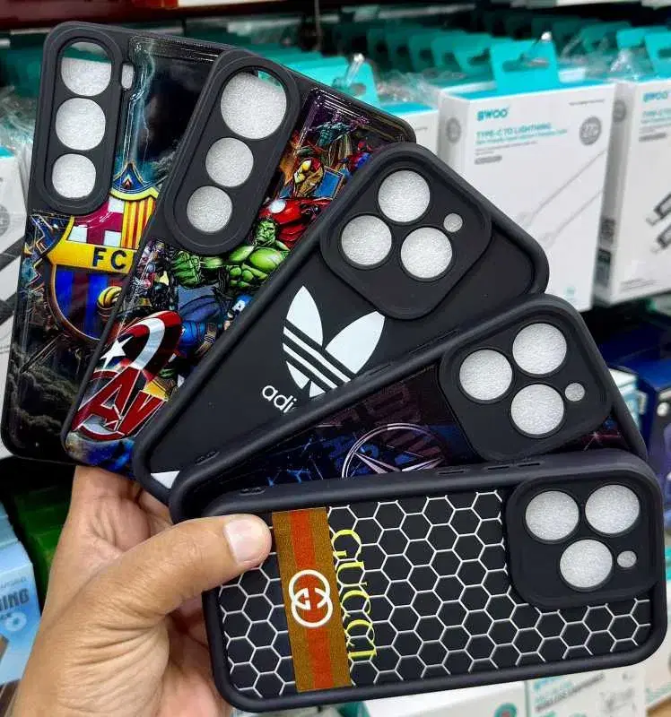 branded phone cases featuring designs like Adidas, Gucci, and Marvel characters.