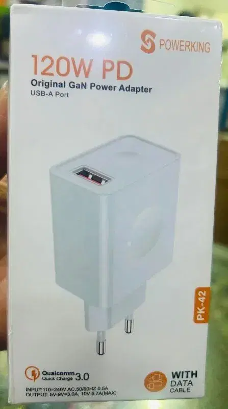 Powerking PK-42 120W PD Original GaN Fast Charger with USB-A Port & Free Data Cable