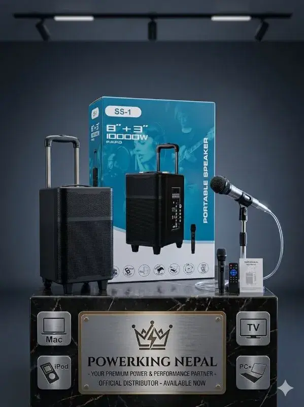 SS-1 portable trolley speaker features an 8-inch woofer and includes a wireless microphone.