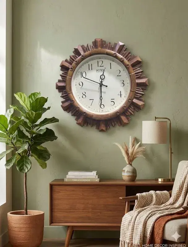Elegant Wooden Design Attractive Sunbrust Frame Analog Wall Clock – Big Size Vintage Clock for Living Room,Office