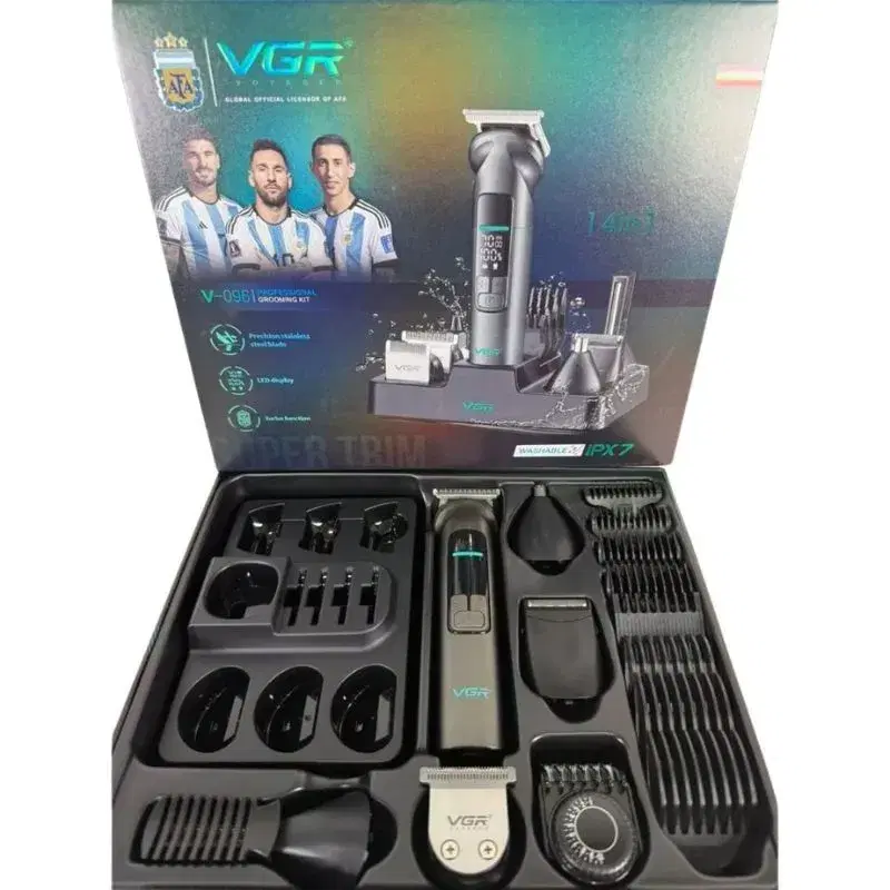 VGR V-096 Professional Grooming Kit, a 14-in-1 set featuring a T-blade trimmer with a metal design and digital display