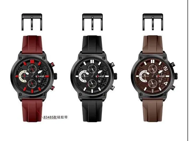 NAVIFORCE NF9068 chronographs feature prominent red, white, or brown accents against a black dial and case