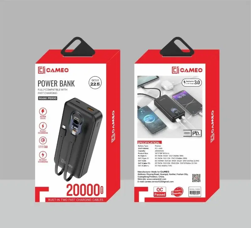 Cameo PB900 power bank featuring a 20000mAh capacity || 22.5W fast-charging capability.