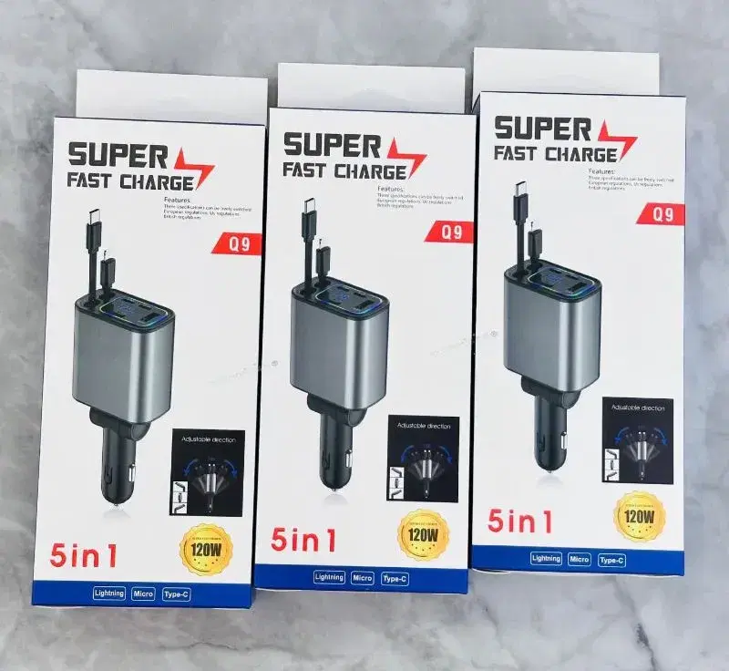 Q9 5-in-1 Retractable Car Charger, a multi-functional device designed for high-speed charging in vehicles