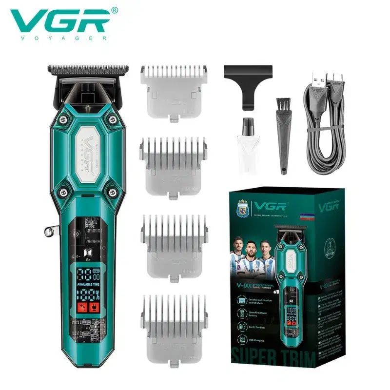 VGR V-900 Hair Trimmer Set: This grooming kit features a distinctive green metallic body with a digital battery display.