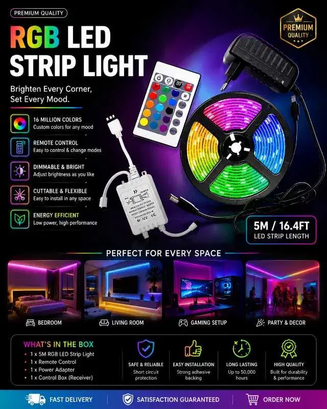 5M RGB LED Strip Light with Remote Control | 16 Color Changing LED Lights | Home, Gaming & Decoration Lighting Kit