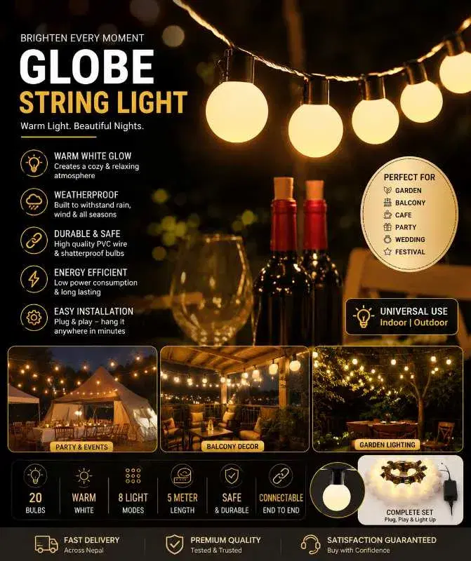 5M Warm White LED Globe String Lights | Waterproof Outdoor Decorative Lights | Garden, Balcony, Café, Wedding & Party Lighting