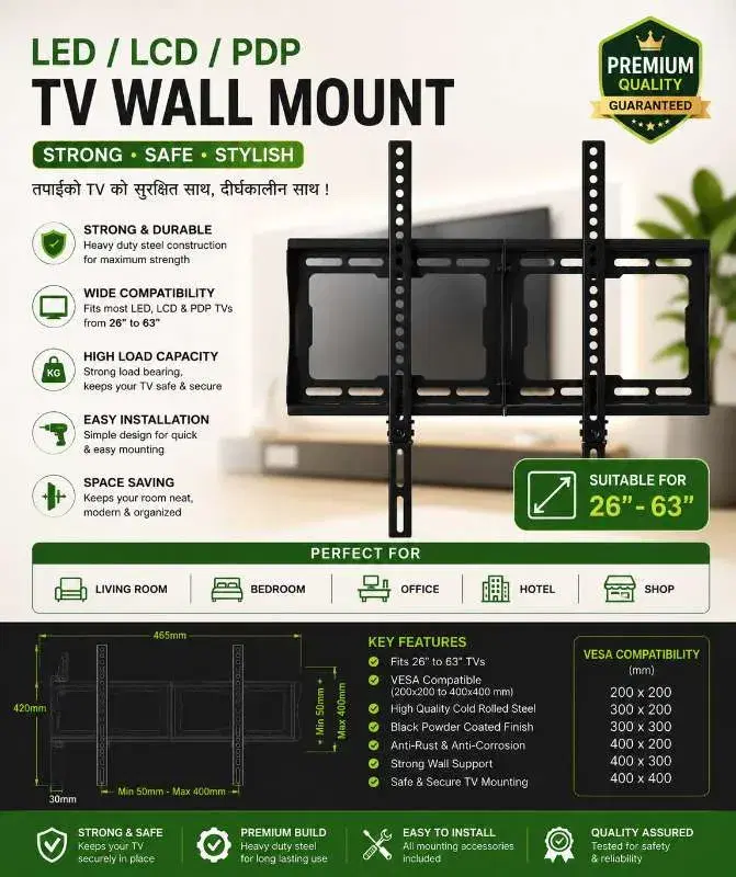 Universal Heavy Duty TV Wall Mount Bracket for 26–63 Inch LED/LCD/Smart TVs | VESA Compatible | Easy Installation