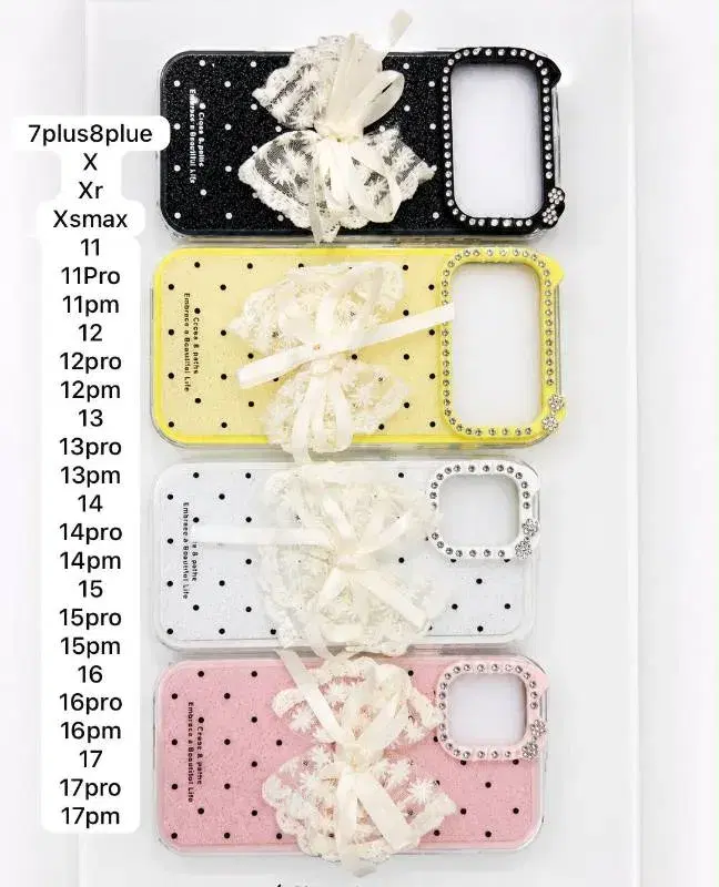 Sparkle Glitter Polka Dot phone cases featuring a large bow and rhinestones along the edge.
