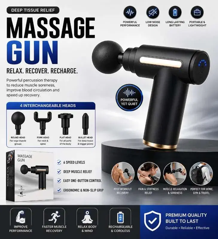 Massage Gun Deep Tissue - Portable 6 Speeds Handheld Massage Gun with 4 Heads, 1800mAh Battery & Type-C Charging - Super Quiet Muscle Massager for Home Office Workout Travel