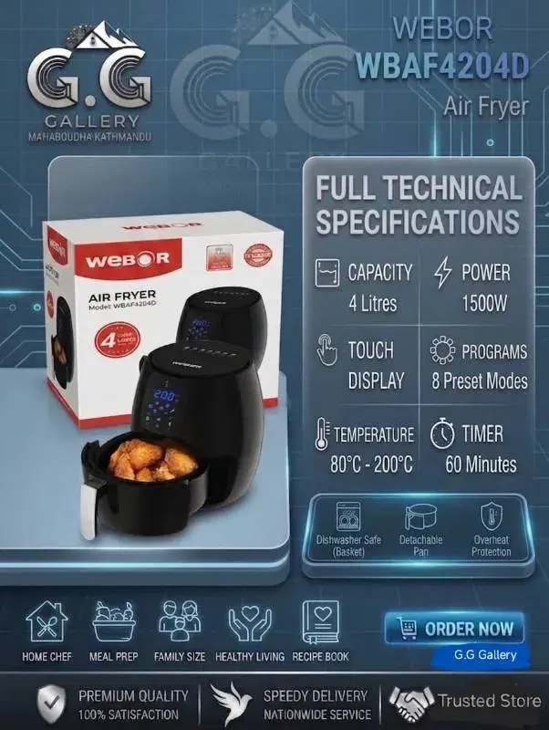 Webor WBAF4204D air fryer features a 4-liter capacity and a 1500W power rating.