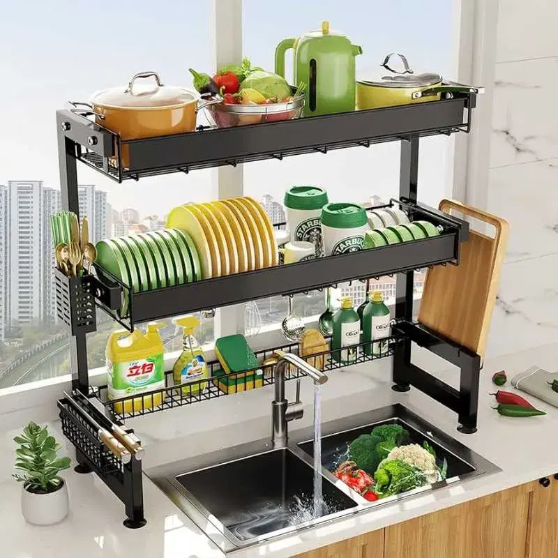 Dish Drying Rack 2 Tier Over Sink Plate Dish Drainer Kitchen Counter Storage Organizer Cutlery Utensil Chopping Board Holder