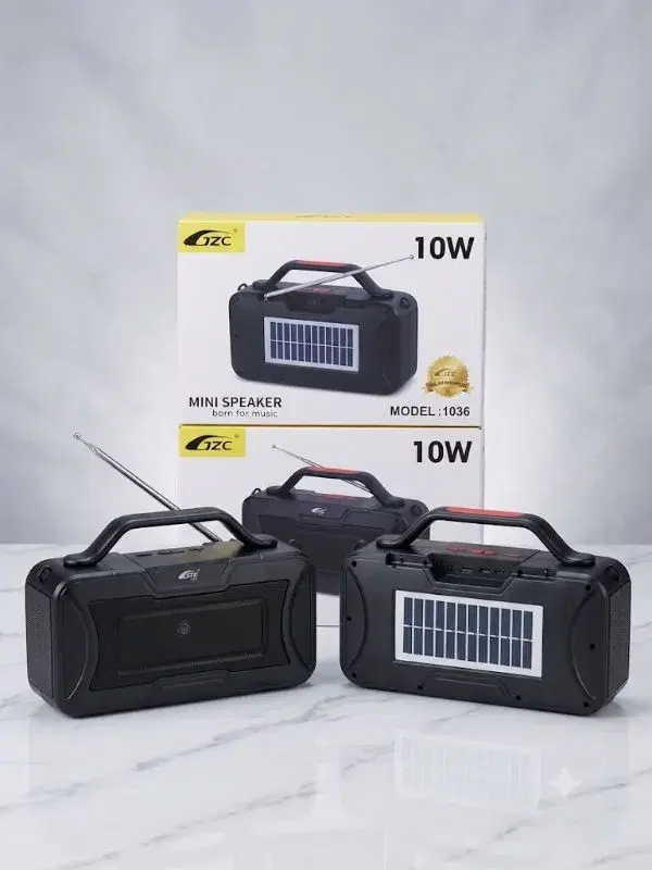 JZC 1036 mini speaker features a built-in solar panel for charging and a 10W output.