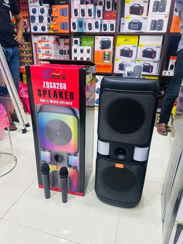 Sing-e ZQS8268 portable party speaker featuring dual 8-inch drivers and included wireless microphones.