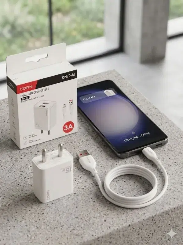 Corn QN70-M Dual USB Power Charger Adapter and Cable set.