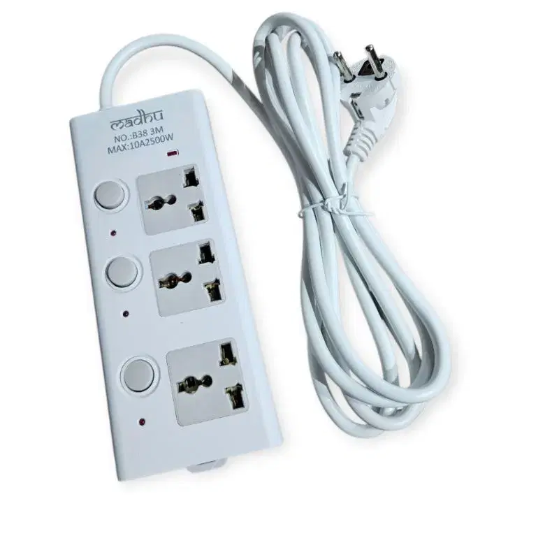 Madhu Smart Power Strip 3 Meter Extension Board | 3 Universal Sockets | 3 Individual Switches | 10A 2500W, 3 way Multiplug