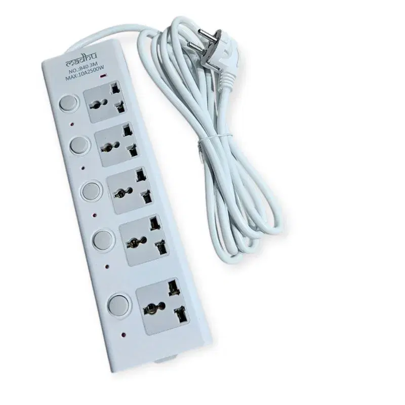 Madhu Smart Power Strip 3 Meter Extension Board | 3 Universal Sockets | 5 Individual Switches | 10A 2500W, 5 way Multiplug