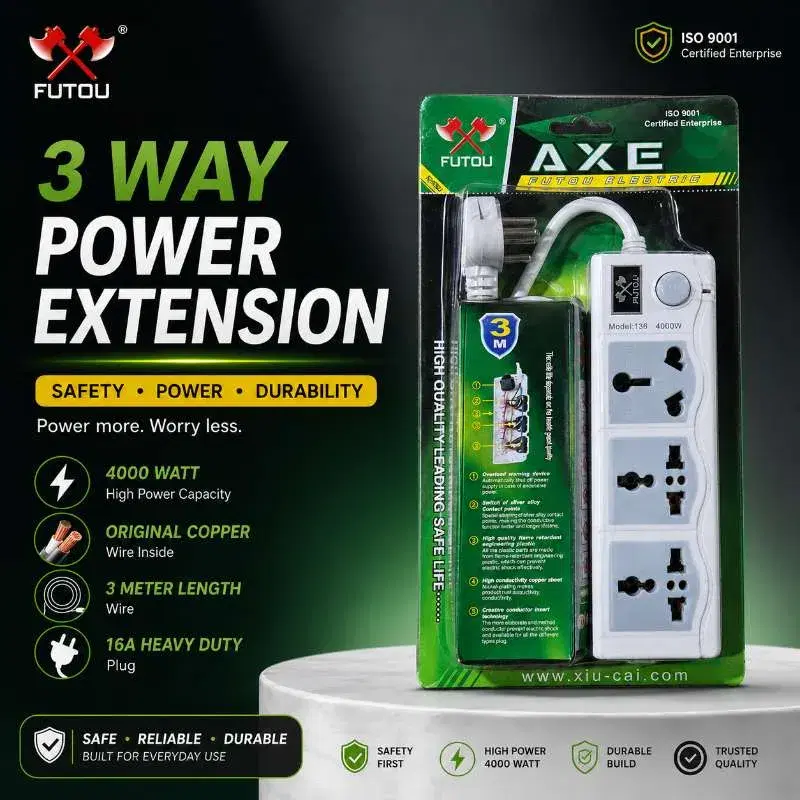 FUTOU 3-Way Heavy Duty Power Extension Board – 4000W | 3 Meter Copper Wire | 16A Universal Socket, Multiplug
