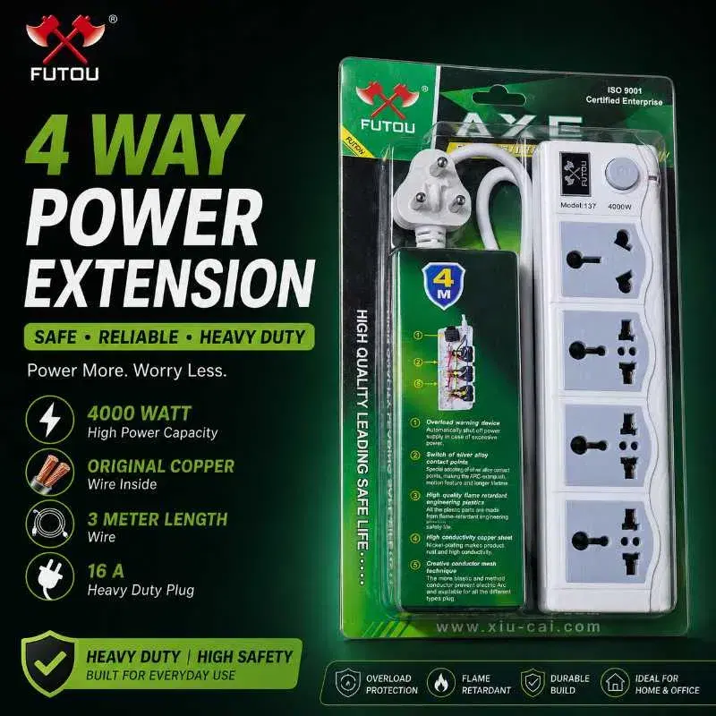 FUTOU 4 port Heavy Duty Power Extension Board/Multiplug – 4000W | 3 Meter Copper Wire | 16A Universal Socket