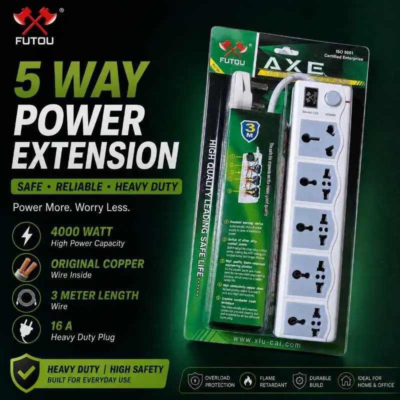 FUTOU 5-Way Heavy Duty Power Extension Board – 4000W | 3 Meter Copper Wire | 16A Universal Socket, Multiplug