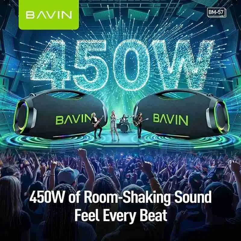 BAVIN BM57 450W Party Speaker Dual Wireless Mic 40000mAh Battery BT5.3 Outdoor Portable Boombox RGB Light Karaoke Flashlight OEM