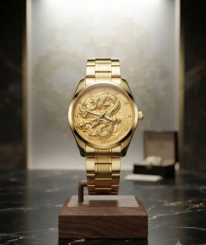Luxury Two-Tone Gold & Silver 3D Sculpted Dragon Quartz Watch for Men