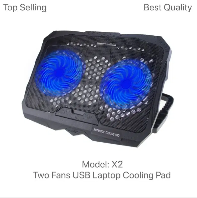 X2 Two Fans USB Laptop Cooling Pad Big Metal Mesh Surface With Two Silent Fans Diameter of 14 cm with Blue LED Lights Gaming Gamer.