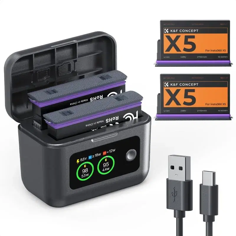K&F Concept Insta360 X5 2700mAh Dual Battery Kit with Smart Charging Case
